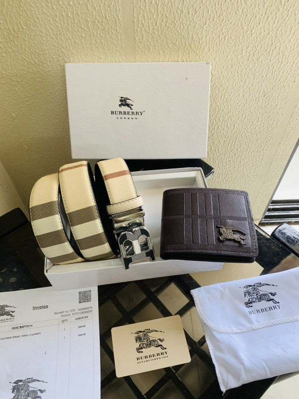 BURBERR Y PRINTED PREMIUM QUALITY BELT WALLET COMBO