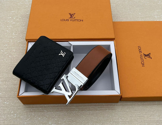 LOUIS VUITTON BELT AND WALLET SILVER BUCKLE PREMIUM QUALITY COMBO