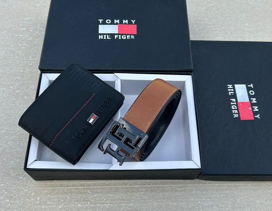 TOMMY HILFIGER BELT AND WALLET BLACK BUCKLE PREMIUM QUALITY COMBO